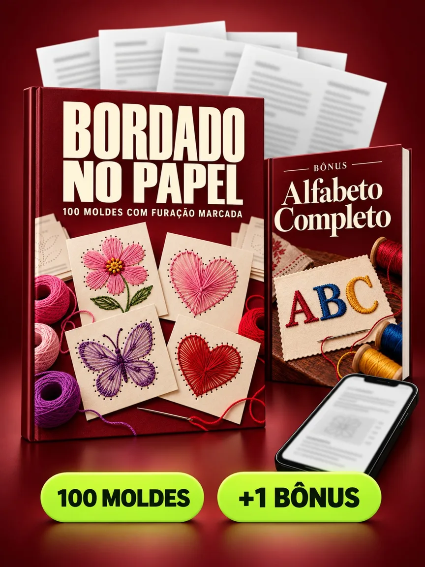 Montagem ilustrativa do Bordado no Papel: livro com a capa, páginas do material e celular e capas dos bônus